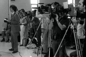 David DeKok, left, at Thornburgh press conference in Centralia, 3-31-1981 (David Haupt)