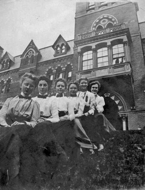 Cornell students in front of Sage College, the dormitory for women, ca. 1903. M. Paula Geiss Scrapbook, Cornell University RMC
